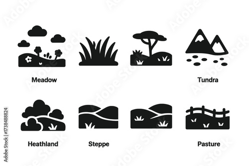 Natural Fields Icons. Solid, filled icon set of natural fields: meadow, grassland, prairie, savanna, tundra, heathland, steppe, pasture. [Line icons in only