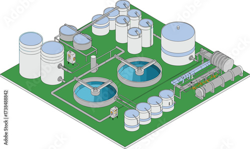 Isometric illustration of industrial water treatment plant, waste management facility, clean water system, filtration tanks,