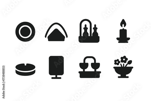 Bar Table Icon Set. Solid, filled icon set of bar table accessories: coaster, napkin holder, condiment set, candle holder, ashtray, menu stand, drink holder,