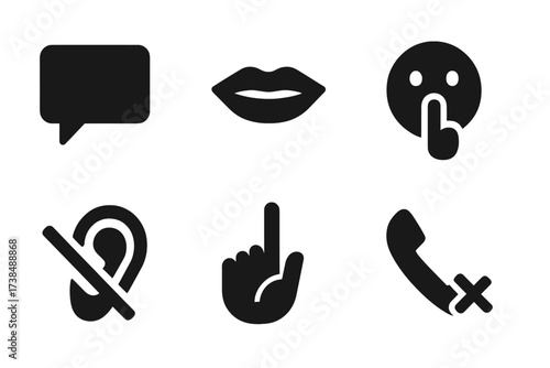 Silence Icon Set. Solid, filled icon set of silence in communication: speech bubble with mute, no talking sign, closed mouth, hushed face, ear with cross,
