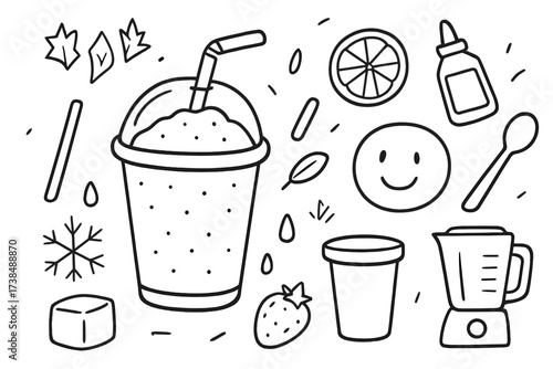 Frozen Drink Doodle. Hand-drawn doodle illustration frozen drinks and treats slush cup, ice crystals, straw, snowflake, fruit slice, syrup bottle, spoon, cold