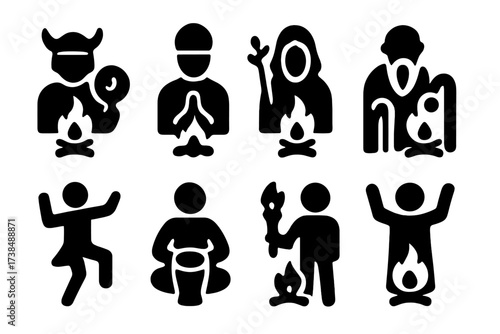 Fire Ritual Icon Set. Solid, filled icon set of fire ritual participants: shaman, priest, druid, elder, dancer, drummer, torchbearer, ritual leader. Solid,