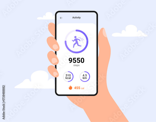 Step counter fitness tracker app design. Walk flat health fit activity vector smart phone watch step counter.