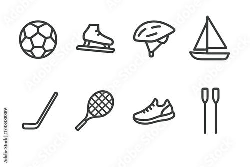 Dutch Sports Icons. Outline icon set of Dutch sports: football ball, speed skating, cycling helmet, sailing boat, hockey stick, tennis racket, running shoes,