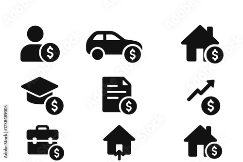 Loan Types Icons. Solid, filled icon set of loan types: personal loan, auto loan, mortgage, student loan, payday loan, credit line, business loan, home equity