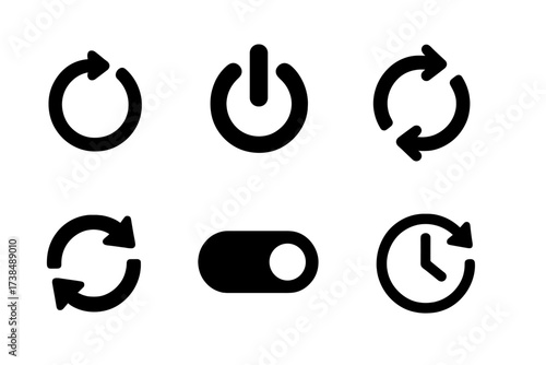Reboot Icons Grid. Solid, filled icon set of reboot and refresh: circular arrow, power button, reload icon, sync symbol, reset switch, restart process, update