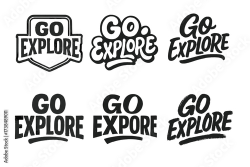 Diverse Lettering Styles. Go explore. Set lettering. harmonious lettering variations of the same emblematic concept, each with different artistic