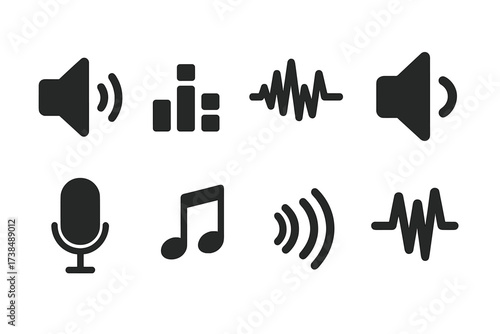 Sound Wave Icons. Solid, filled icon set of sound waves: volume control, sound equalizer, audio waveform, speaker cone, microphone, music notes, echo wave,