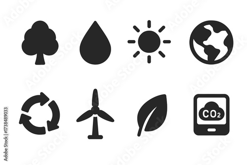 Environmental Icon Set. Solid, filled icon set of environmental balance: tree, water droplet, sun, globe, recycle arrows, windmill, leaf, CO2 meter. [Solid,
