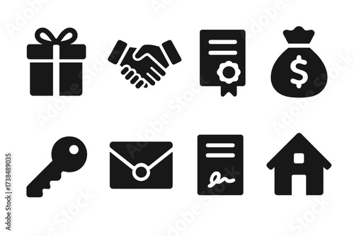 Inheritance Icons Grid. Solid, filled icon set of inheritance transfer: gift box, handshake, certificate, money bag, key, sealed envelope, contract, house.