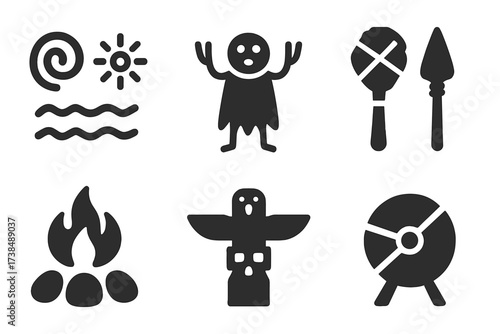 Cave Symbols Icon Set. Solid, filled icon set of cave painting cultural elements: tribal symbols, shaman figure, ritual mask, ancient tools, fire pit, totem,