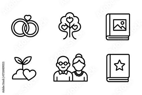 Lifelong Devotion Icons. Outline icon set of lifelong devotion: wedding rings, family tree, anniversary cake, photo album, growing plant, intertwined hearts,