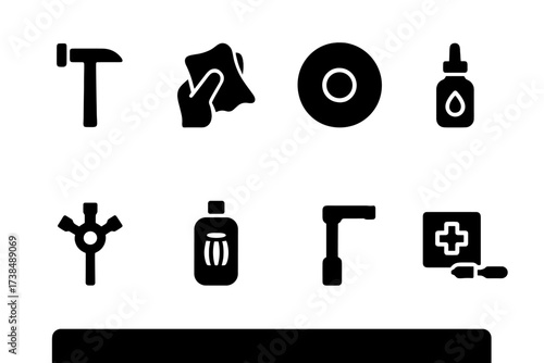 Tabla Maintenance Icons. Solid, filled icon set of tabla maintenance: tuning hammer, cleaning cloth, replacement drumhead, lubricating oil, tightening tool,