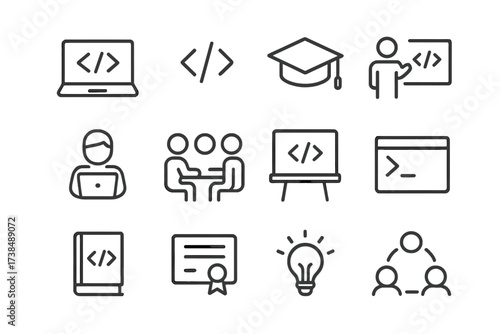 Coding Bootcamp Icons. Coding Bootcamp. Line icon set of Coding Bootcamp: laptop with code, code brackets, graduation cap, instructor teaching, student with