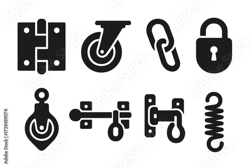 Creaking Mechanisms Icons. Solid, filled icon set of creaking mechanisms: rusty hinge, squeaky wheel, chain link, old lock, pulley, door bolt, latch, spring.