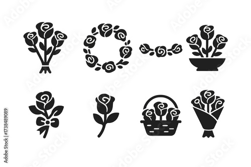 Rose Icon Set. Solid, filled icon set of rose arrangements: rose bouquet, rose wreath, rose garland, rose centerpiece, rose corsage, rose boutonniere, rose