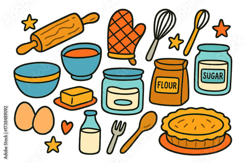 Colorful Baking Doodles. Baking. Colorful Hand-drawn doodle Children illustration Baking rolling pin, whisk, oven mitt, mixing bowl, flour bag, sugar jar,