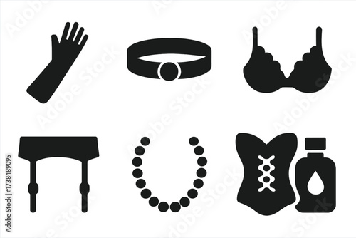 Sensual Accessories Icons. Solid, filled icon set of sensual accessories: silk glove, blindfold, choker necklace, lace bra, garter belt, pearl string, corset,