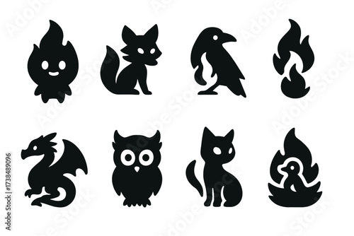 Fire Familiar Icons. Solid, filled icon set of fire familiars: fire sprite, flame fox, ember raven, salamander, flame dragon, burning owl, glowing cat, phoenix