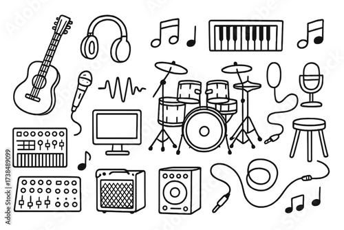 Music Studio Doodle. Hand-drawn doodle illustration music studio instruments guitar, microphone, headphones, keyboard, drum set, mixing console, amplifier,