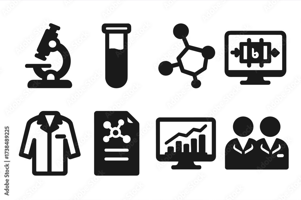 Fototapeta premium Fuel Cell Research Icons. Solid, filled icon set of fuel cell research: microscope, test tube, molecular model, computer simulation, lab coat, scientific