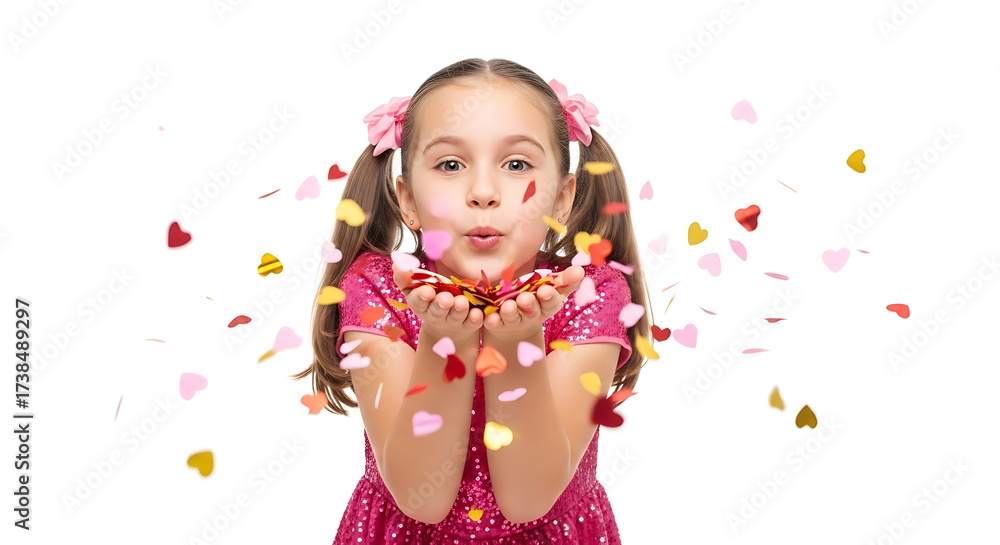 Fototapeta premium Children's day 2025 cute girl blowing heart shaped confetti for valentine's day party celebration on white background