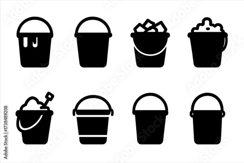 Bucket Icon Set. Solid, filled icon set of buckets types: paint bucket, water bucket, ice bucket, cleaning bucket, sand bucket, metal bucket, plastic bucket,
