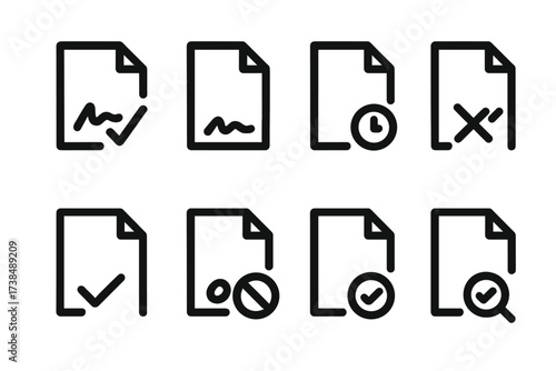 Signature Status Icons. Solid, filled icon set of signature states: signed, unsigned, pending, rejected, approved, cancelled, completed, verified. [Line icons