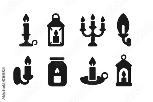 Candle Holder Icons. Solid, filled icon set of candle holders: candlestick, lantern holder, glass jar, candelabra, wall sconce, ceramic base, metal tray,