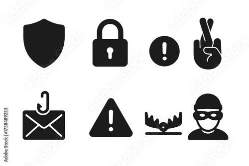 Scam Prevention Icons. Solid, filled icon set of scam prevention: shield, lock, alert badge, crossed fingers, phishing email, warning sign, trap wire, masked