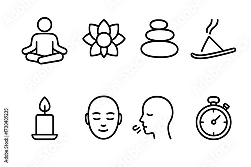 Mindfulness and Digital Icons. Outline icon set of meditation and mindfulness: lotus pose, chakra, zen stone stack, incense, candle flame, peaceful face,