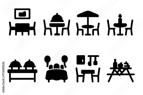 Dining Icon Set. Solid, filled icon set of dinner dining environments: dining room, restaurant table, outdoor patio, candlelight dinner, buffet table, banquet