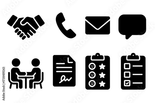 Client Interaction Icons. Solid, filled icon set of client interactions: handshake, phone call, email, chat bubble, meeting, contract, feedback form, survey.