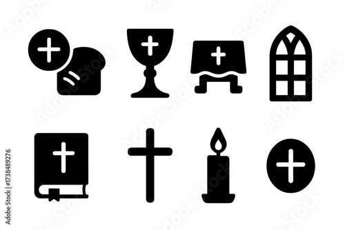 Religious Bread Icons. Solid, filled icon set of bread-related religious symbols: communion bread, chalice, altar cloth, church window, prayer book, cross,