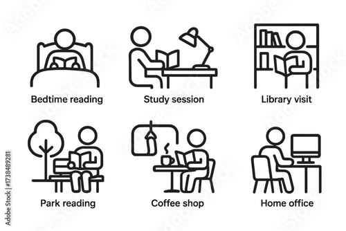 Reading Icon Set. Outline icon set of reading scenarios: bedtime reading, study session, library visit, park reading, commuting, coffee shop, classroom, home