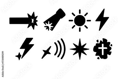 Light Attack Icons. Solid, filled icon set of light-based attacks: beam blast, focused ray, solar flare, lightning flash, prismatic bolt, radiant wave, shining
