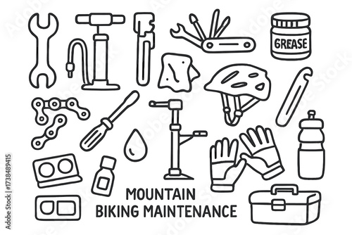 Bike Maintenance Tools. Hand-drawn doodle illustration Mountain biking maintenance tools wrench, tire pump, multi-tool, grease, chain, screwdriver, bike stand,