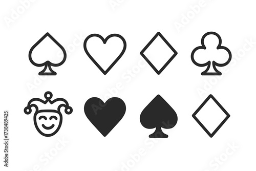 Card Suit Icons. Outline icon set of card suits: spade, heart, diamond, club, joker, red heart, black spade, golden diamond. Line icons in only black color,