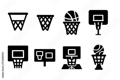 Basketball Icon Set. Solid, filled icon set of sport baskets: basketball hoop, netted basket, ball inside basket, portable basketball net, hoop with backboard,