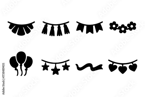 Decorative Garland Icons. Solid, filled icon set of decorative garlands: paper garland, tassel garland, pennant banner, flower garland, balloon garland, star