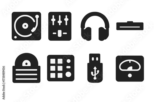 DJ Equipment Icons. Solid, filled icon set of DJ equipment: turntable, mixer, DJ headphones, crossfader, record crate, beat pad, USB stick, BPM meter. Solid,