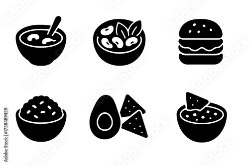 Vegetarian Dish Icons. Solid, filled icon set of vegetarian dishes: white bean soup, white bean salad, bean stew, veggie burger, rice bowl, avocado, tortilla