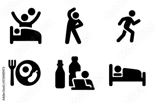 Daily Wellness Icons. Solid, filled icon set of wellness daily routine: wake up, stretch, eat breakfast, exercise, meditate, hydrate, work, sleep. Line icons