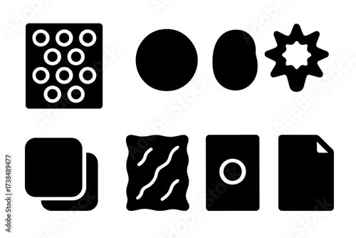 Bubble Wrap Icons. Solid, filled icon set of bubble wrap textures: bubble grid, inflated bubble, deflated bubble, burst bubble, smooth sheet, crinkled sheet,