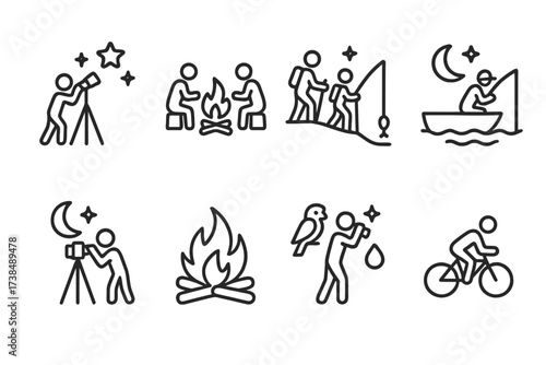 Night Activities Icons. Outline icon set of nighttime activities: stargazing, campfire gathering, night hiking, moonlight fishing, night photography, bonfire,