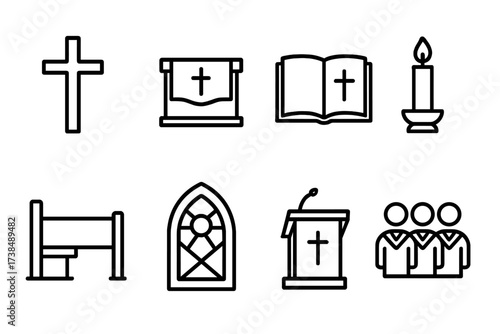 Church Icon Set. Outline icon set of church elements: cross, altar, bible, candle, pew, stained glass window, pulpit, choir. Line icons in only black color,