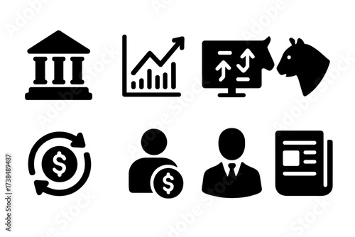 Bond Market Icons. Solid, filled icon set of bond market: stock exchange building, market graph, trading screen, bull and bear, money flow, investor, broker,