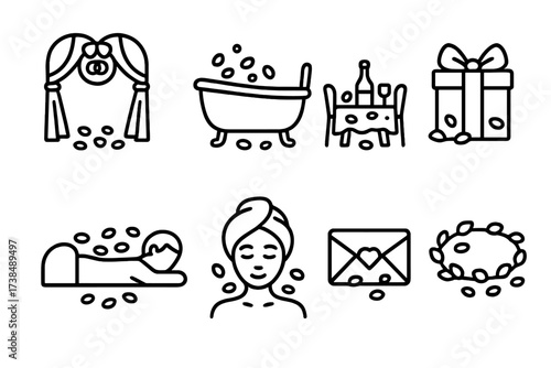 Rose Petal Icon Set. Outline icon set of rose petals uses: wedding decoration, bath petals, romantic dinner, gift wrapping, massage therapy, spa treatment,