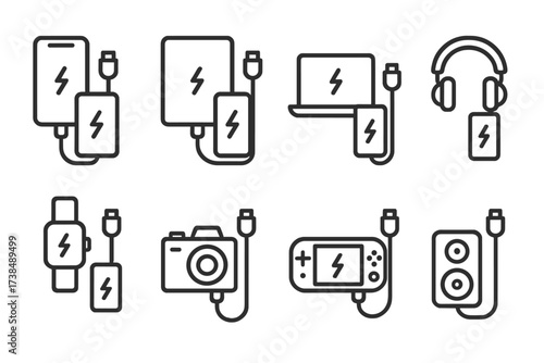 Power Bank Icon Set. Outline icon set of power bank usage: charging smartphone, charging tablet, charging laptop, charging headphones, charging smartwatch,