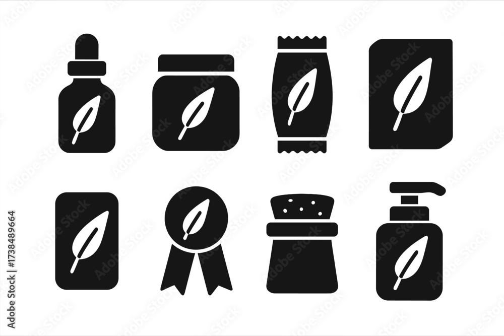 Fototapeta premium Eucalyptus Packaging Icons. Solid, filled icon set of eucalyptus packaging: glass bottle, jar, sachet, box, label, ribbon, cork stopper, pump bottle. Solid,